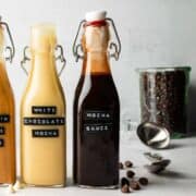 Mocha sauce in glass bottle with swing top lid.