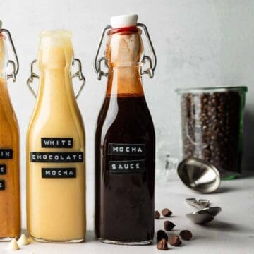 Mocha sauce in glass bottle with swing top lid.