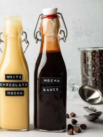 Mocha sauce in glass bottle with swing top lid.