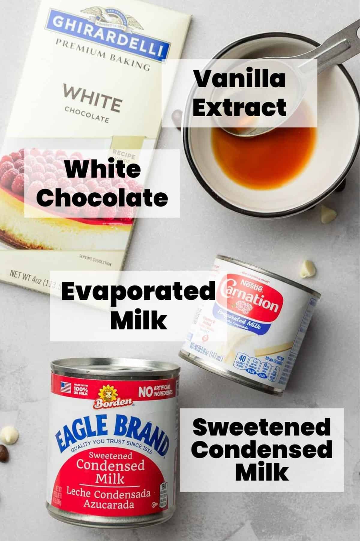 White chocolate, sweetened condensed milk, evaporated milk, and vanilla laid out on surface.