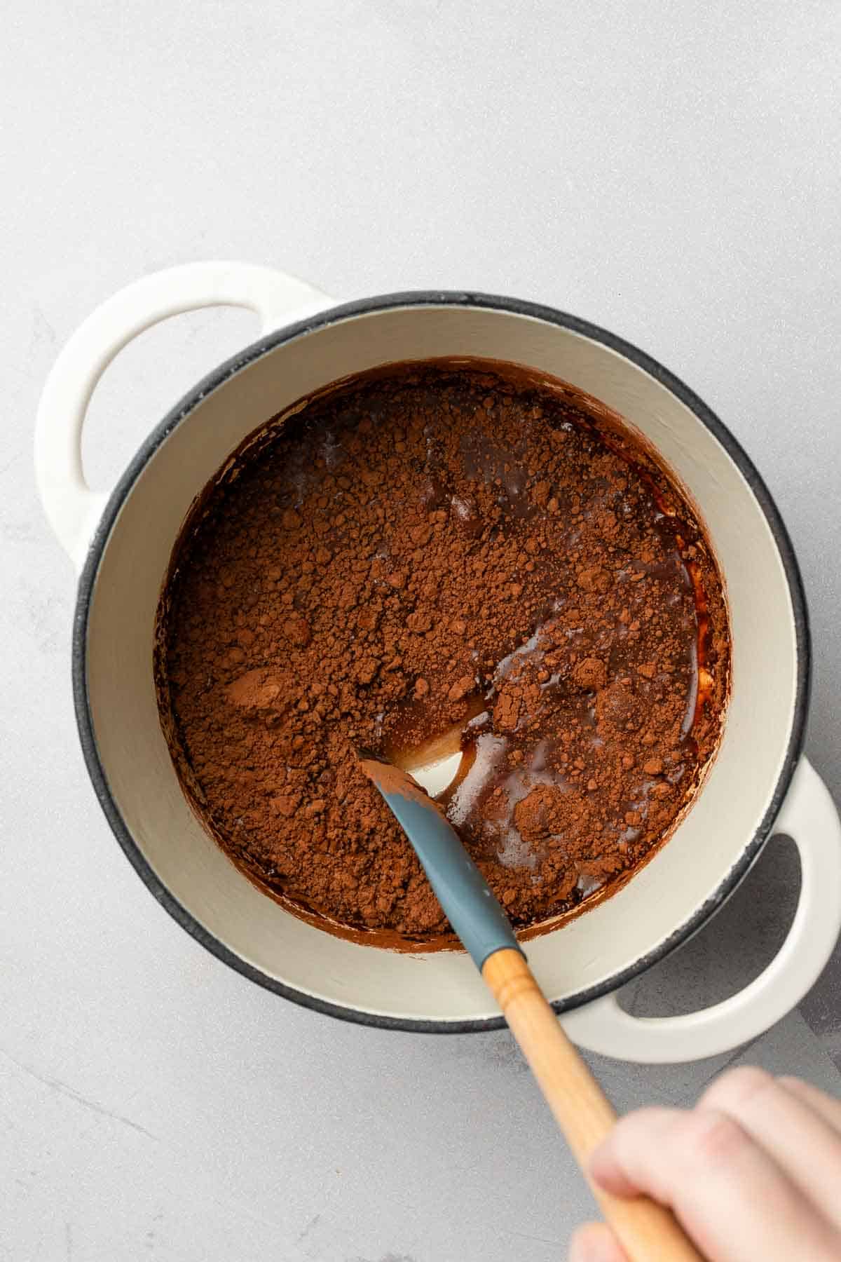 Stirring cocoa powder, sugar, and water together in small saucepan.