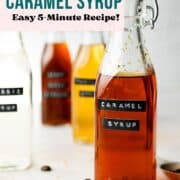 Caramel syrup in class bottle with lid.