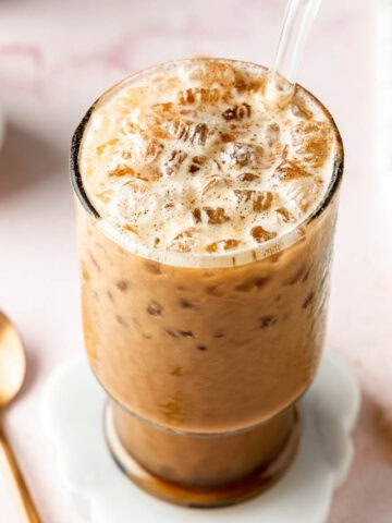 Brown sugar shaken espresso in glass with crushed ice.