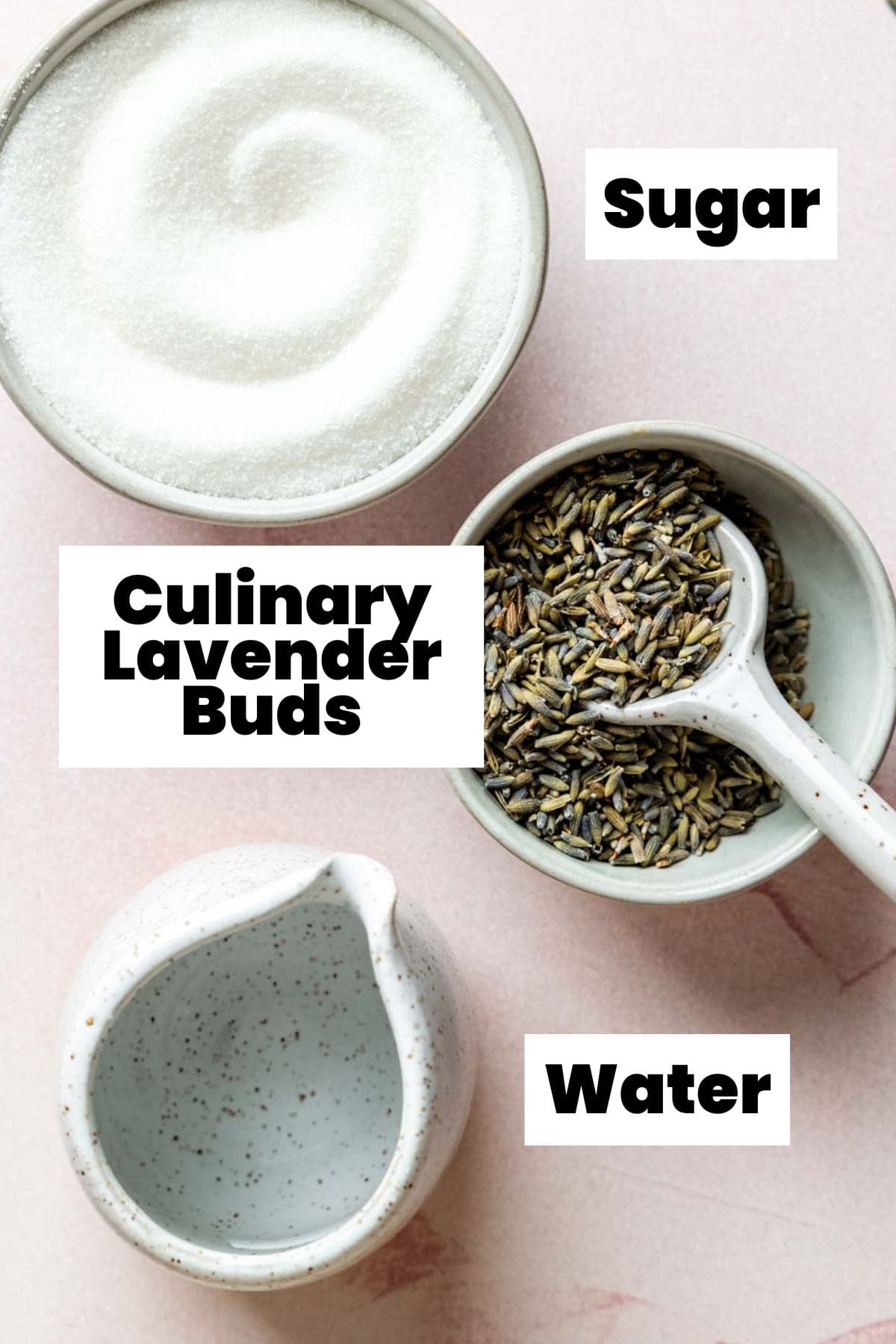 Ingredients for lavender syrup measured out in bowls.